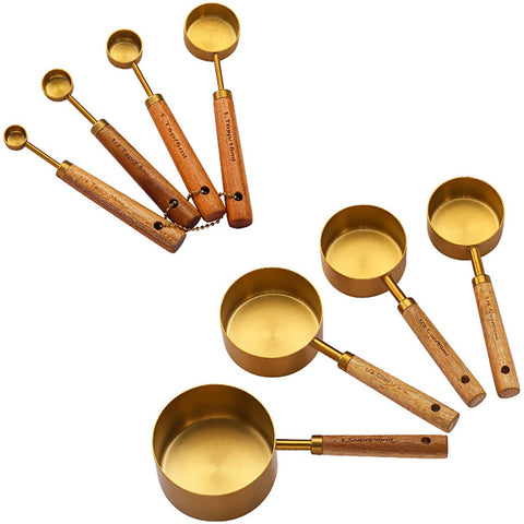 Acacia Wooden Handle Stainless Steel Measuring Cup Measuring Spoon Eight-Piece Set Kitchen Baking Tool Bartender Scale Measuring Spoon Set