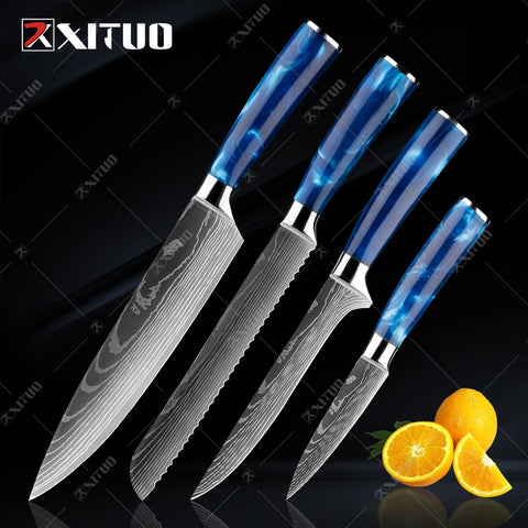 XITUO kitchen knives Set Exquisite blue resin handle Laser Damascus pattern Chef knife Santoku Cleaver Slicing Knives Best Gift