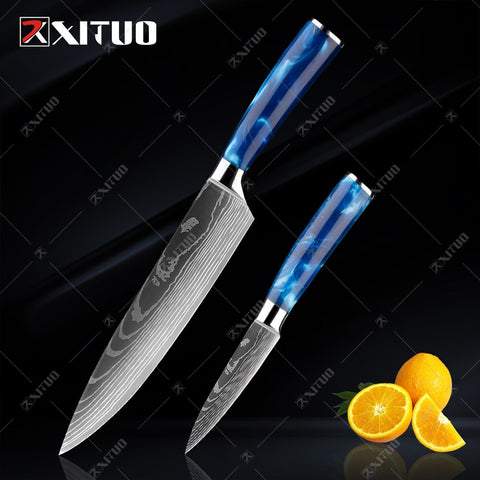 XITUO kitchen knives Set Exquisite blue resin handle Laser Damascus pattern Chef knife Santoku Cleaver Slicing Knives Best Gift