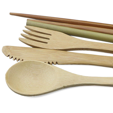 7-Piece Wooden Flatware Cutlery Set Bamboo Straw Dinnerware Set With Cloth Bag Knives Fork Spoon Chopsticks Travel Wholesale
