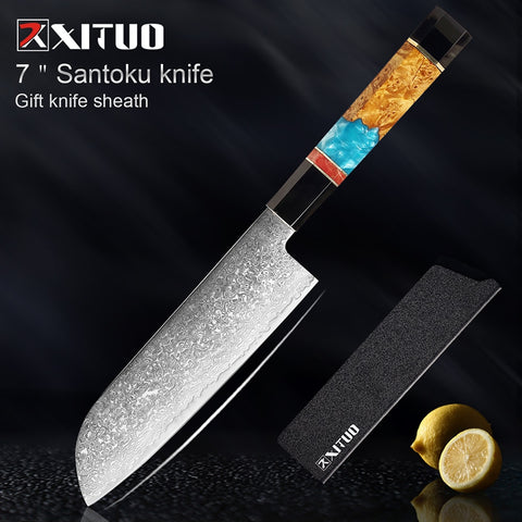 XITUO Damascus Stainless Steel Kitchen Knives Set High Quality Chef Knife Cleaver Paring Knife Stable wood&resin&horn Handle
