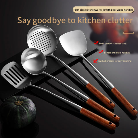 304 Stainless Steel Cooking Spatula Rosewood Long Handle Kitchenware Set Anti-Scald Cooking Spatula Spoon
