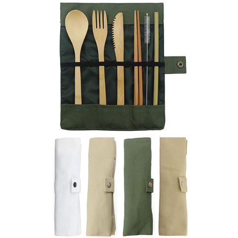 7-Piece Wooden Flatware Cutlery Set Bamboo Straw Dinnerware Set With Cloth Bag Knives Fork Spoon Chopsticks Travel Wholesale