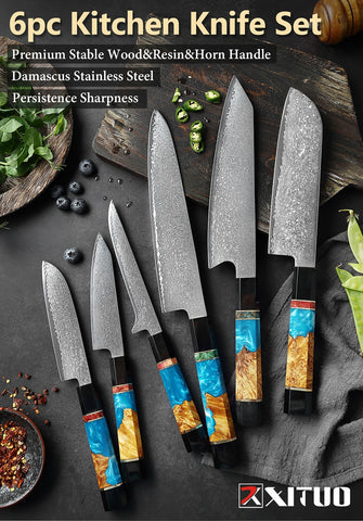 New kitchen knife Set Exquisite blue resin handle Damascus pattern Chef  knives